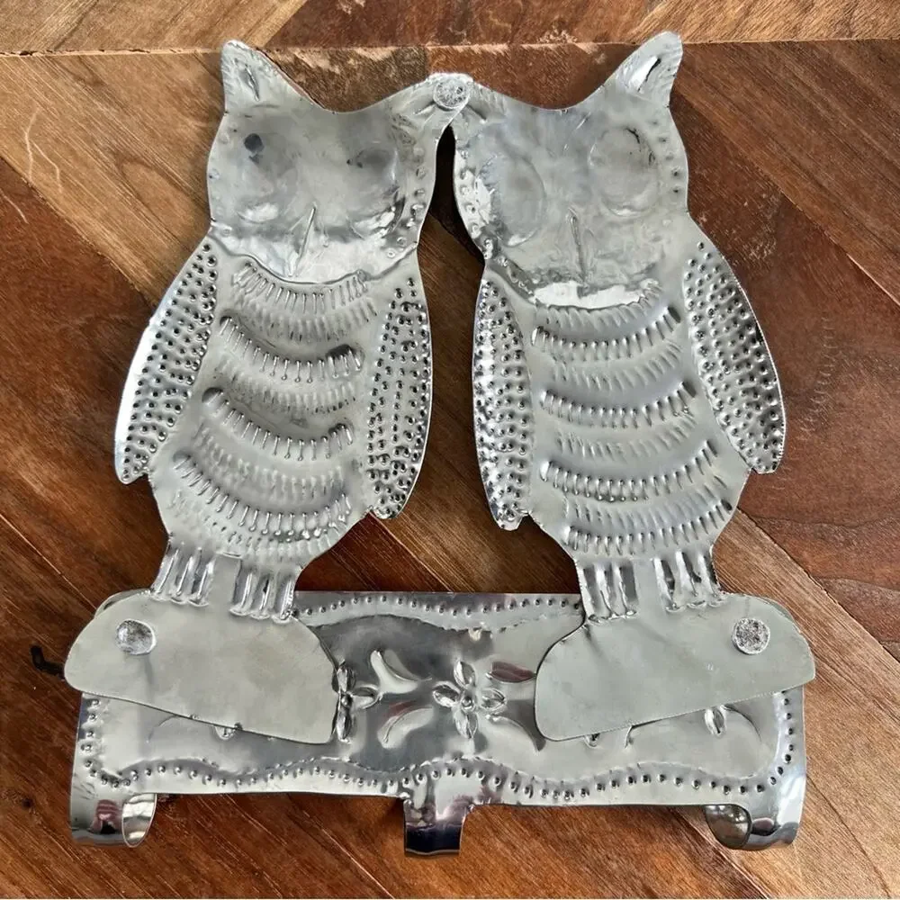 Vintage handcrafted owl hammered metal coat hook key hook woodland friends decor